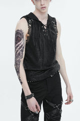 Black Strappy Mesh Splice Men's Punk Vest With Hood - Black - 1