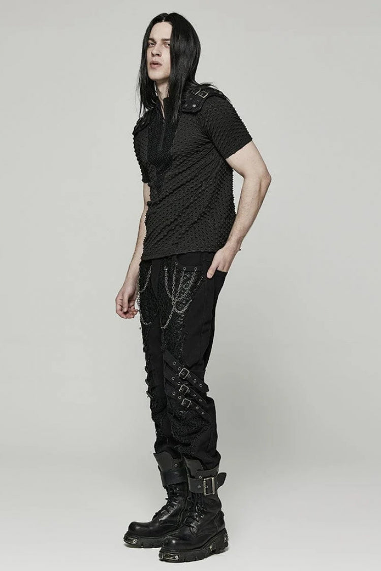 Black Short Sleeves Mesh Bubble Buckle Zipper Mens Steampunk T-Shirt - Product - 4