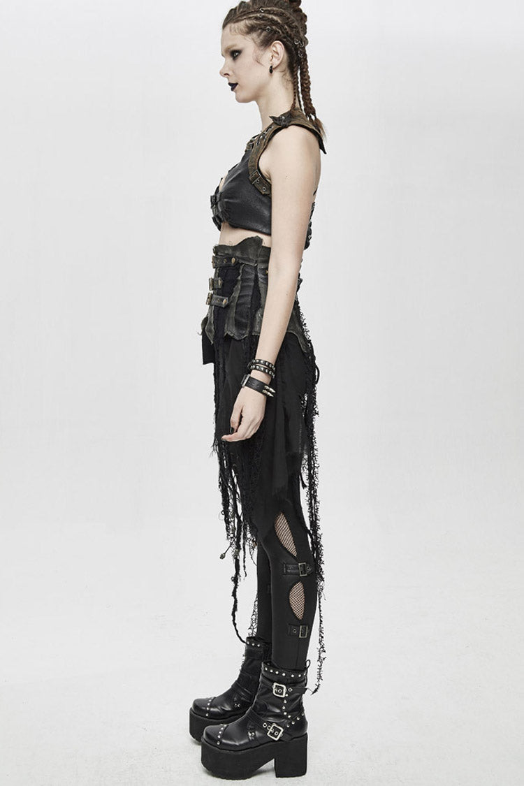 Black Vintage Leather Patchwork Distressed Belted Irregularly Lace Hem Women's Punk Half Skirt - Product - 7