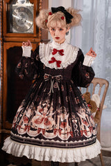 Doll Collar Lantern Long Sleeves Stitching Bear Paradise Print Ruffled Hanayome Sweet Lolita Op Dress - Product - 3