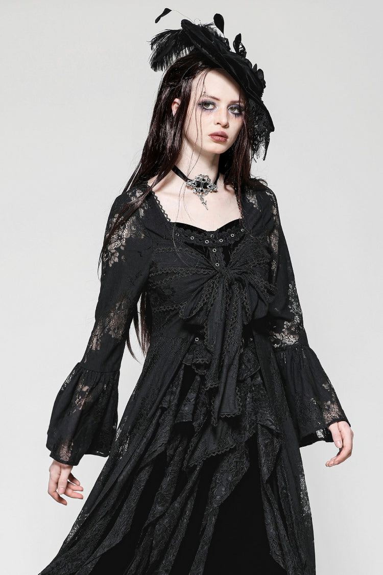 Black Long Flared Sleeves Lace Trimmed Lace-Up Women's Gothic Elegant Robe - Product - 6