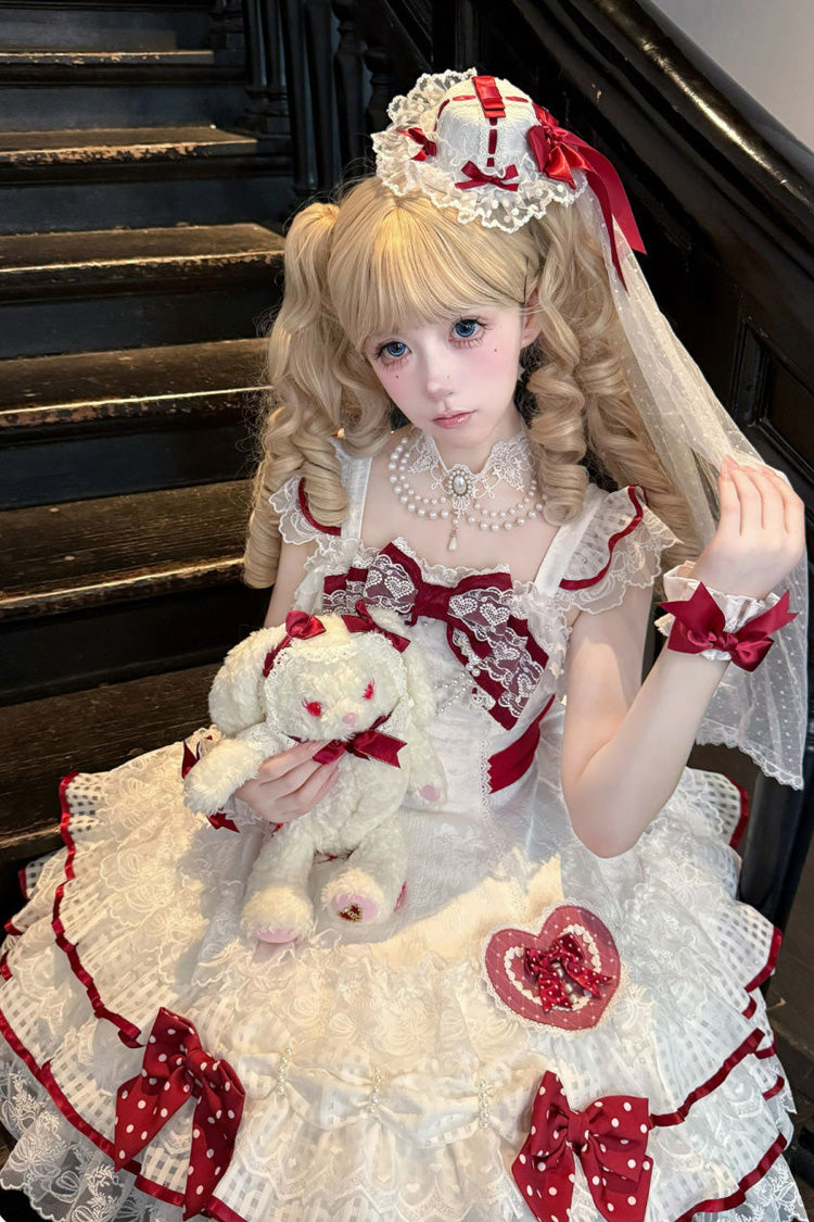 White [Polka-Dot Love Letter] Sleeveless Double-Layered Bowknot Lace Pearl Sweet Lolita Jsk Dress - Product - 6