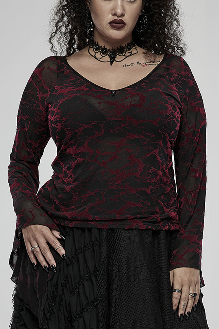 Red V Neck Stretch Mesh Fabric Abstract Pattern Design Flared Cuffs Women's Plus Size Gothic T-Shirt - Red - 1
