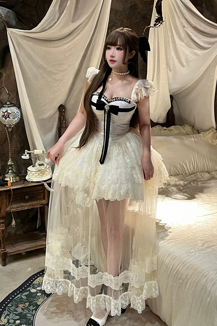 Ivory [Hepburn Heart] Square Collar Sleeveless Multi-Layered Cut-Out Bow Lace Sweet Lolita Jsk Dress - Product - 11