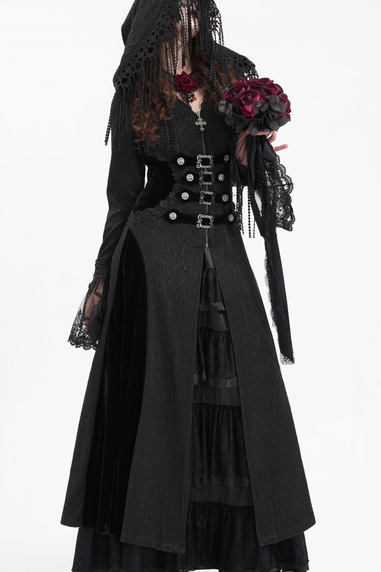 Black Buckle-up Tassels Hooded Women's Gothic Coat - Product - 9