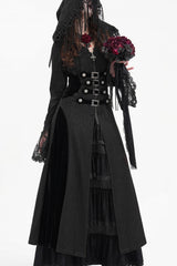 Black Buckle-up Tassels Hooded Women's Gothic Coat - Product - 9