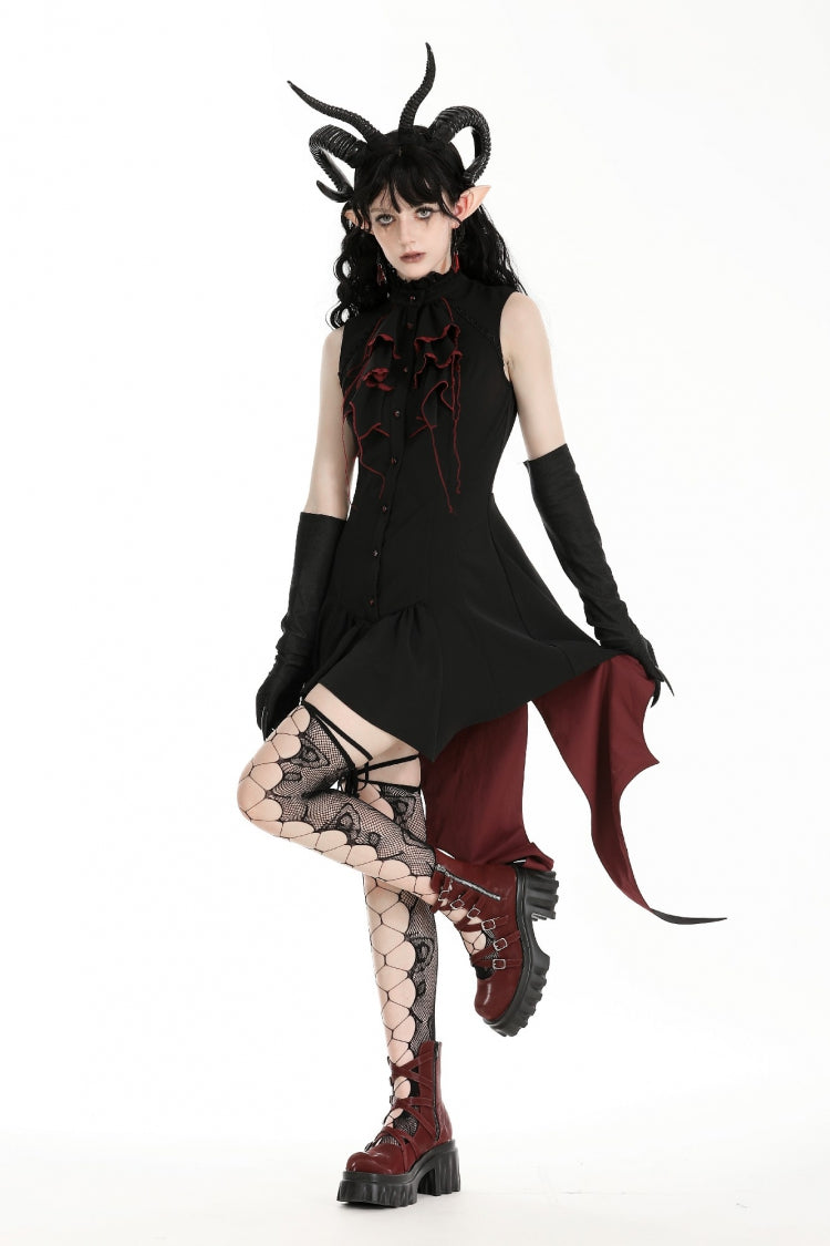 Black/Red Contrast Color Women's Gothic Ruffled Stand Collar Jabot Sleeveless Halloween Tail Dress - Black/Red - 1