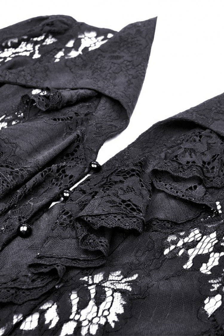 Black Lapel Collar Long Sleeves Ruffled Irregular Lace Lace-Up Women's Gothic Jacket Dress - Product - 14