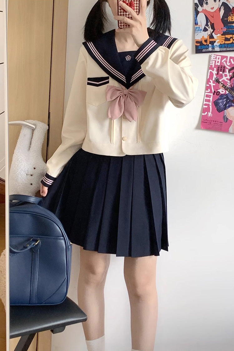 Dark Blue/Ivory Sailor Collar Long Sleeves Sweet Japanese School Skirt Set - Product - 4
