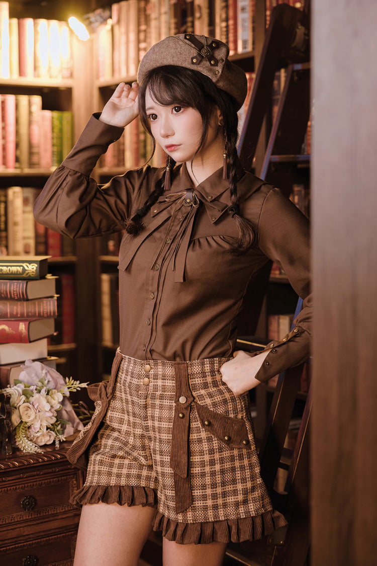 Brown Print Ruffle Lace-Up Rivet Vintage Ouji Lolita Shorts - Product - 3
