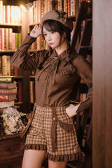 Brown Lapel Collar Long Sleeves Bowknot Vintage Ouji Lolita Blouse - Brown - 1
