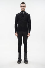 Black Punk High Collar Long Sleeve Stitched Metal Lace-Up Pentagram Hollow Texture Design Men's T-Shirt - Product - 2