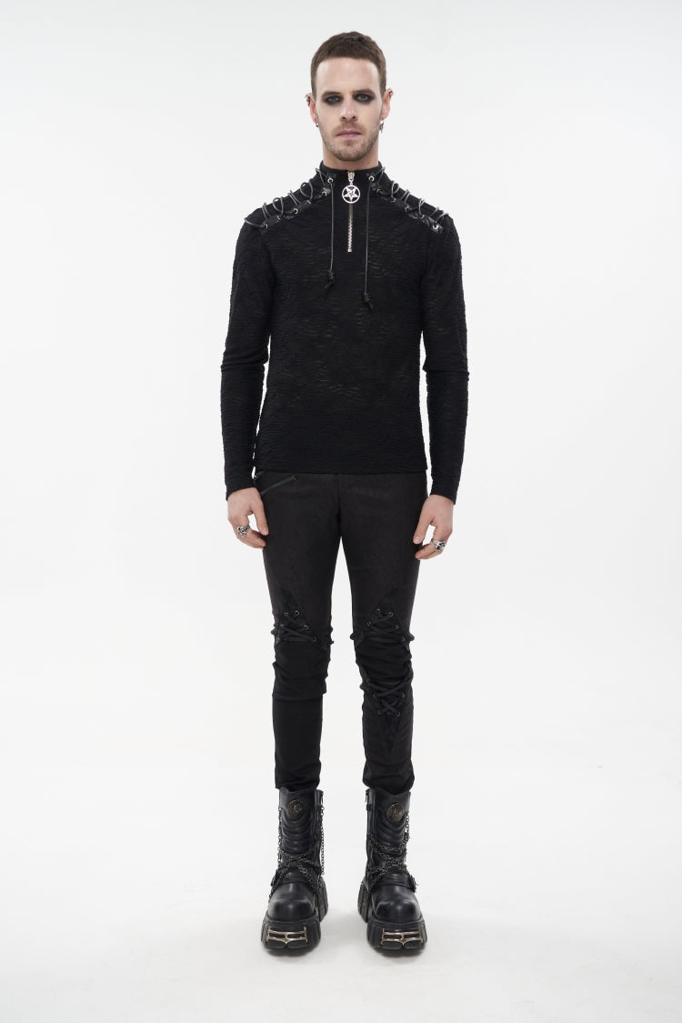 Black Punk High Collar Long Sleeve Stitched Metal Lace-Up Pentagram Hollow Texture Design Men's T-Shirt - Product - 2