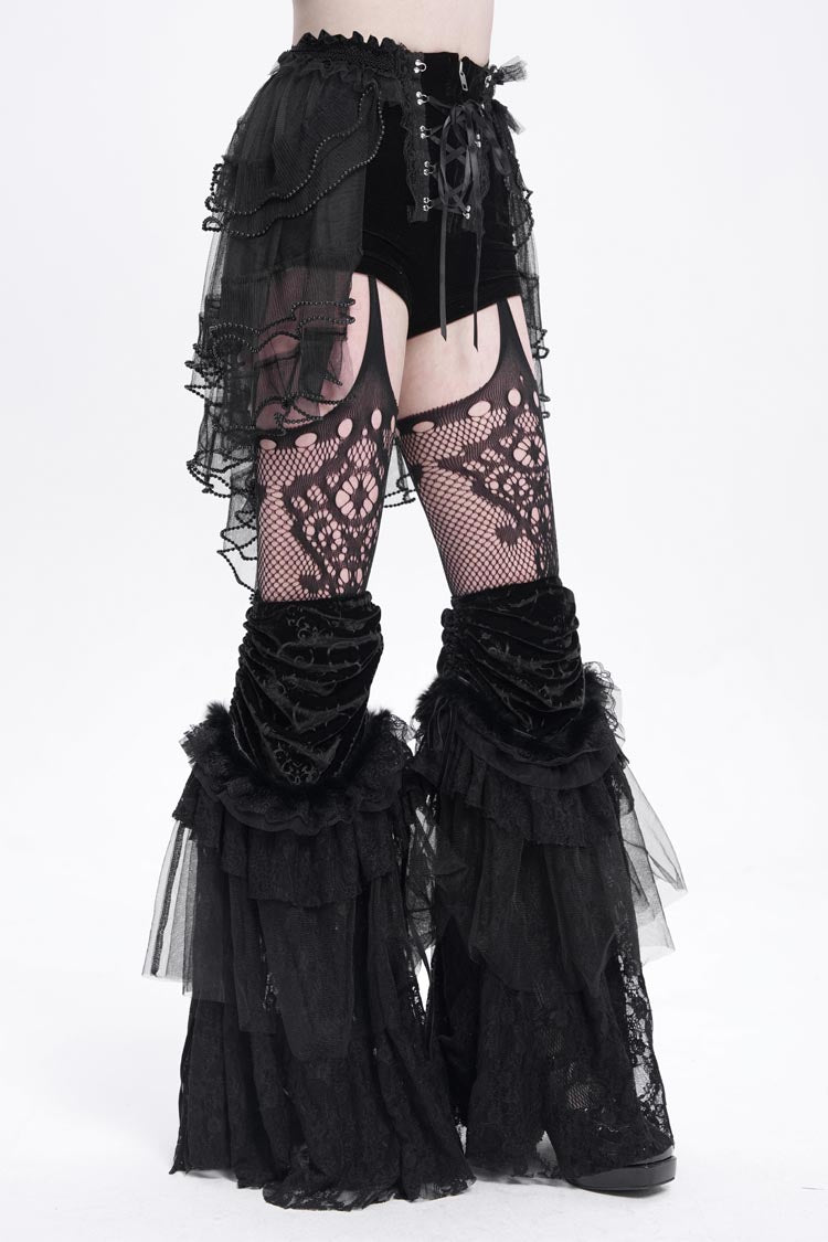 Black Ruffle Stitching Lace-Up Mesh Women's Gothic Shorts - Product - 10