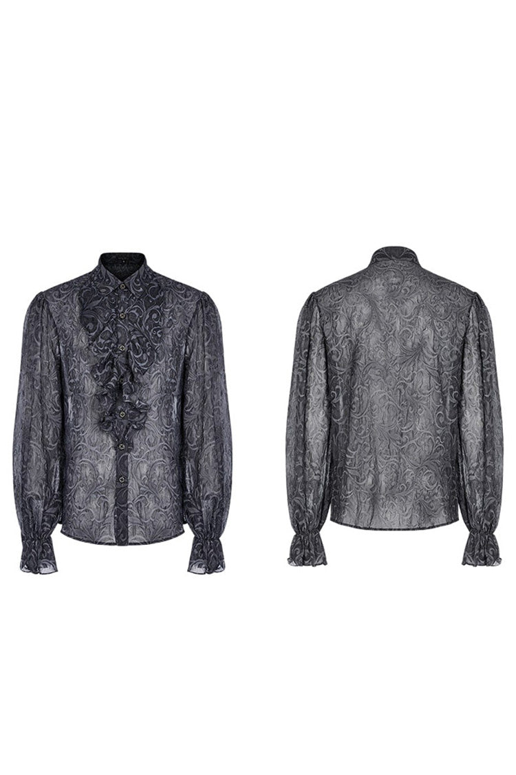 Gray Punk Chiffon Ruffle Stand Collar Wide Brimmed Lantern Sleeves Retro Relief Sculpture Embossing Men's Shirt - Product - 5