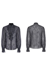 Gray Punk Chiffon Ruffle Stand Collar Wide Brimmed Lantern Sleeves Retro Relief Sculpture Embossing Men's Shirt - Product - 5