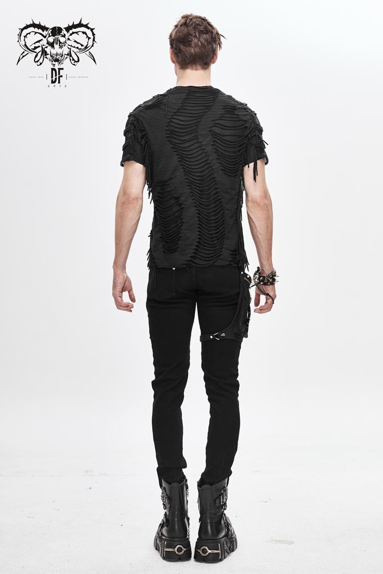 Black Tattered Striped Shoulder Splice Mesh Short Sleeve Men's Punk T-Shirt - Product - 5