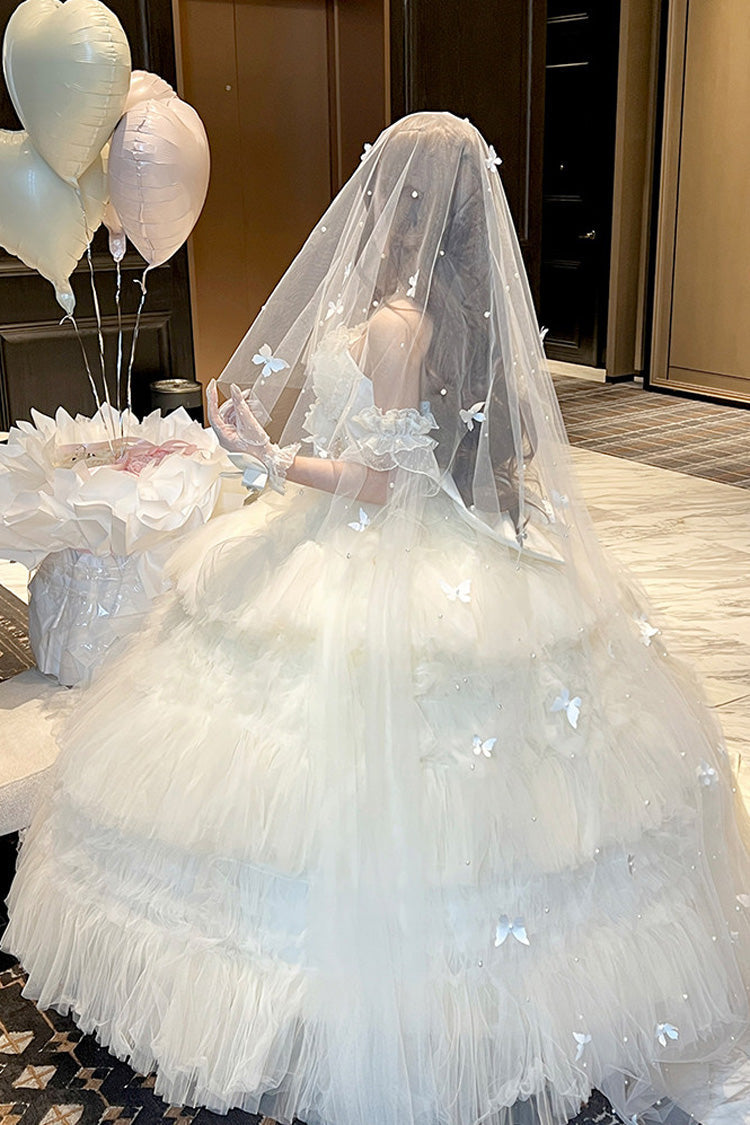 White [Maiden’s Love] Off Shoulder Triple-Layered Ruffled Hanayome Bow Lace Sweet Princess Lolita Dress - Product - 12