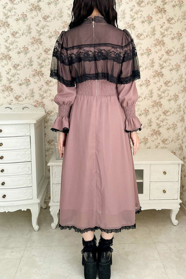 Lace Cape Long Sleeves Bowknot Slim Jirai Kei Japanese Dress 5 Colors - Product - 10