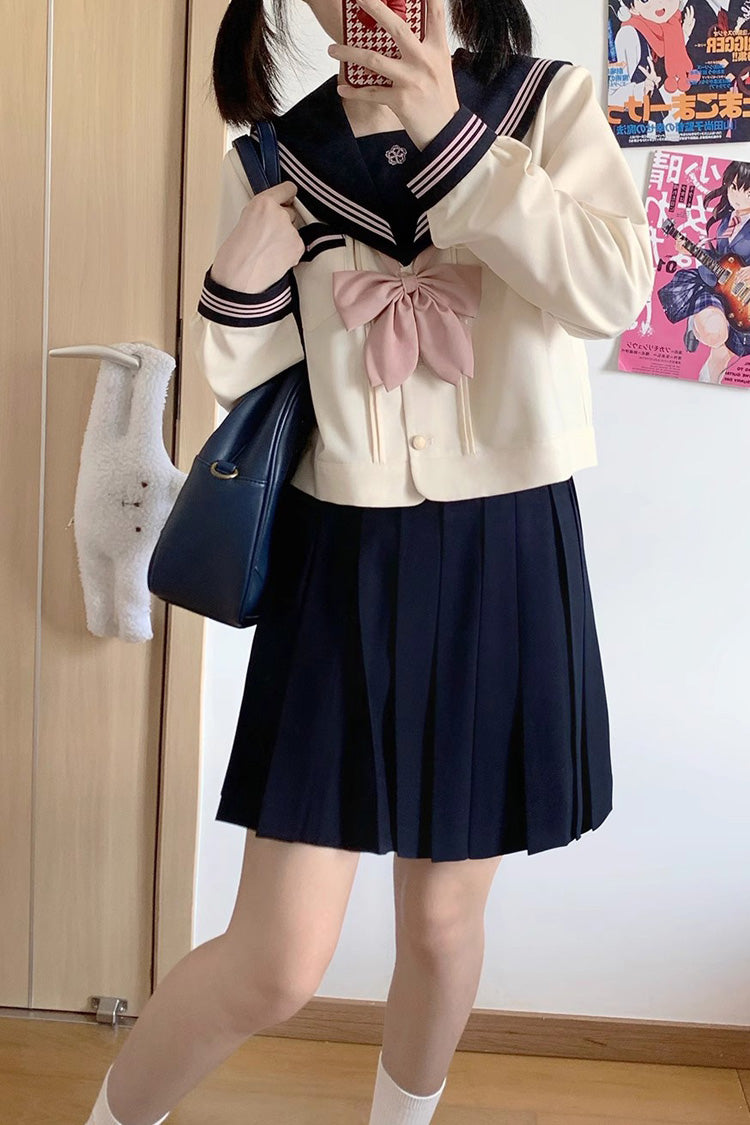 Dark Blue/Ivory Sailor Collar Long Sleeves Sweet Japanese School Skirt Set - Dark-Blue/Ivory - 1