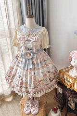 Multi-Color Sleeveless [Cat Dessert] Print Ruffle Bowknot Lace Sweet Japanese Lolita Strap Dress - Multi-Color - 1