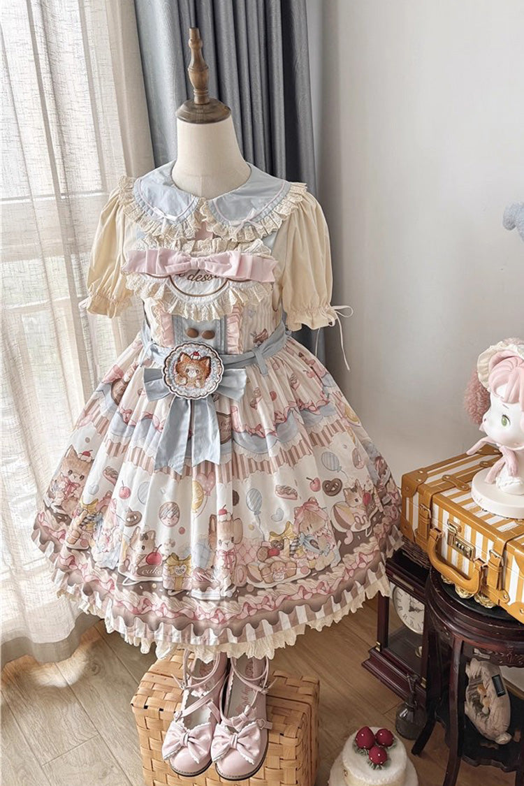 Multi-Color Sleeveless [Cat Dessert] Print Ruffle Bowknot Lace Sweet Japanese Lolita Strap Dress - Multi-Color - 1