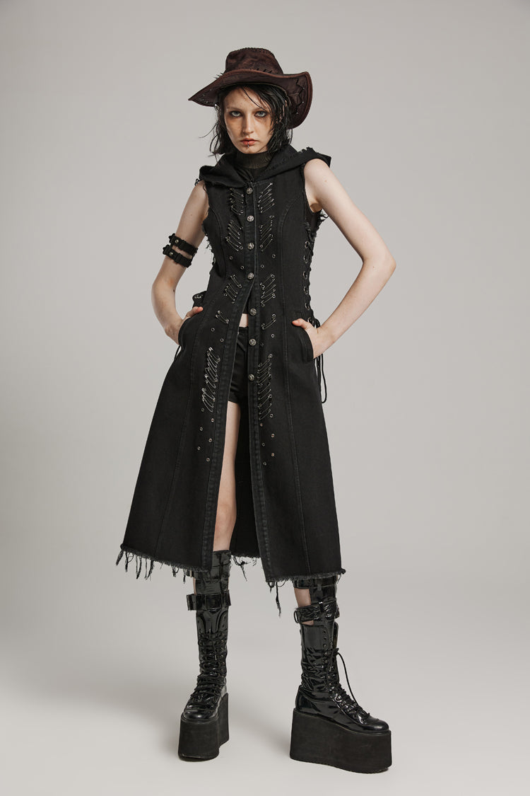 Black Side Drawstring Sleeveless Pin Decoration Hooded Womens Steampunk Long Vest - Product - 2