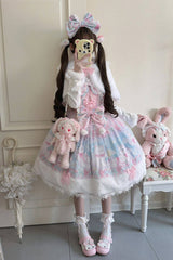 Pink/Blue [Candy Mary Cat] Printed Ruffled Embroidered Bow Lace Sweet Lolita Jsk Dress - Product - 4