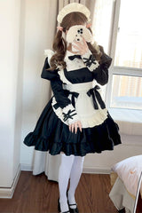 Black/White Maid Long Sleeves Ruffle Bowknot Sweet Plus Size Lolita Dress Full Set - Product - 2