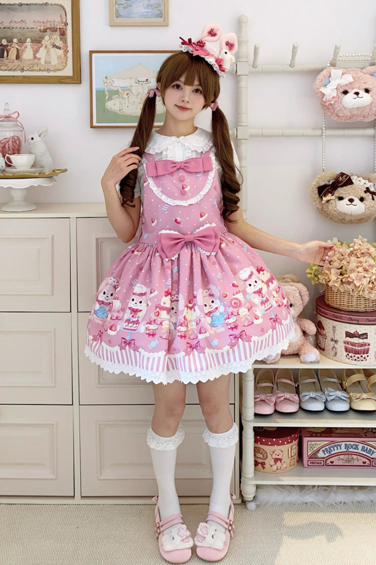 Pink [Cupid Bunny] Printed Sleeveless Bow Sweet Princess Lolita Strap Dress - Pink - 1