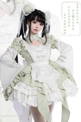 Green Long Trumpet Sleeves Ruffle Bowknot Lace Sweet Chinese Style Lolita Jsk Dress Set - Product - 5
