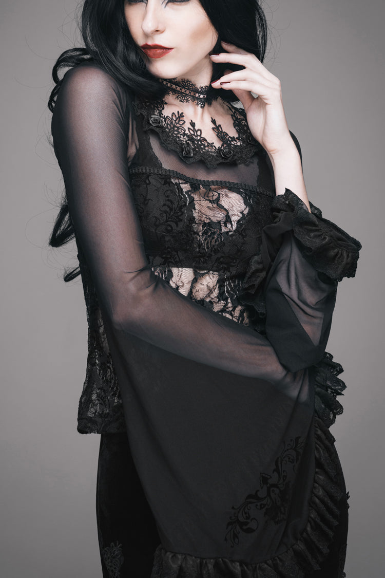 Black Lace Collar Big Flare Sleeve Rose Lace Mesh Women's Gothic T-Shirt - Black - 1