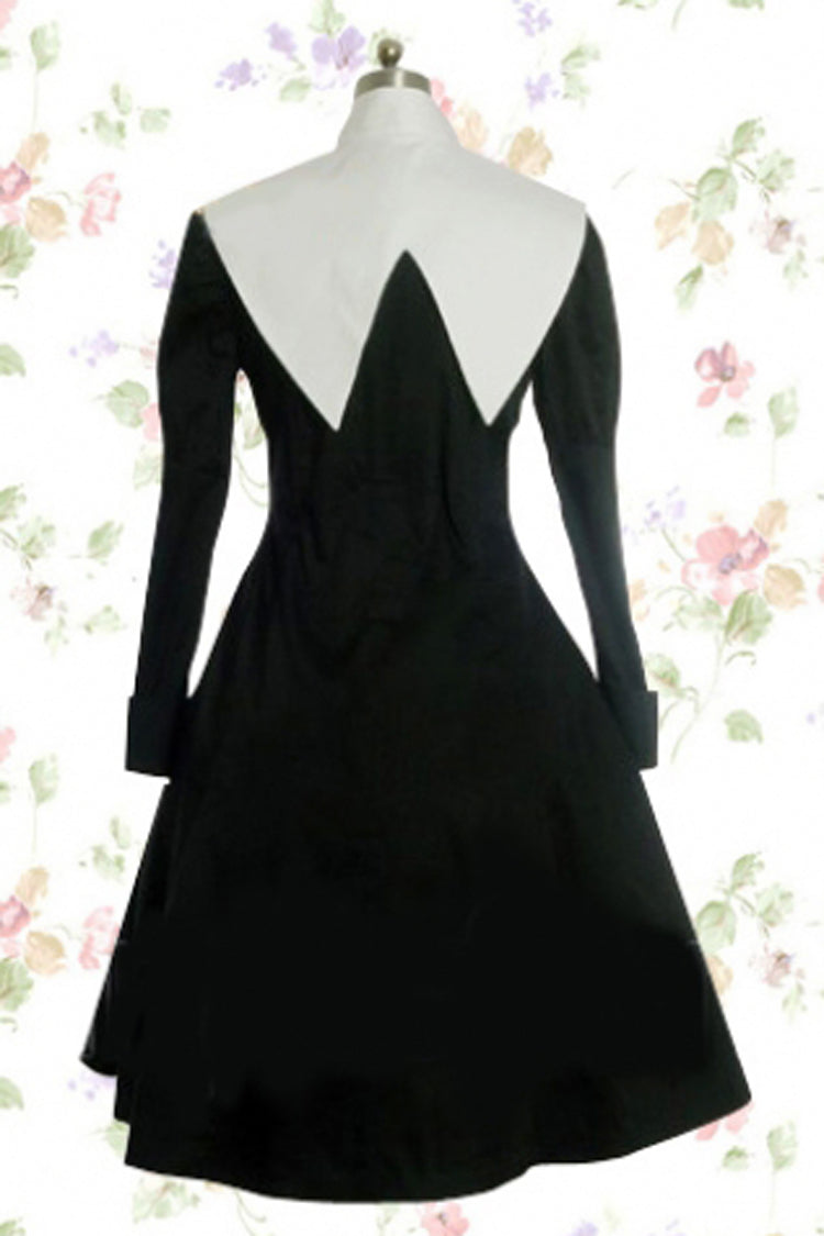 Black/White Cotton Stand Collar Long Sleeves Knee-length Bowknot Gothic Lolita Dress - Product - 2