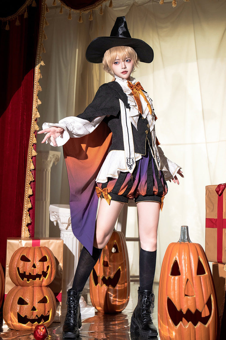 Black/Brown [Little Devil] Stand Collar Long Sleeves Gradient Print Ruffle Bowknot Gothic Prince Ouji Lolita Set - Black/Brown - 1