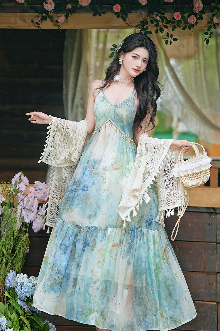 Blue/Green V Collar Sleeveless Oil Painting Printed Classic Lolita Jsk Dress - Product - 6