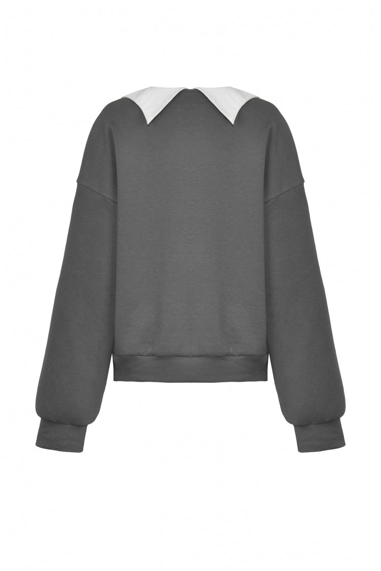 Grey Bowknot Peter Pan Collar Long Sleeves Bat Women's College Style Sweatshirt - Product - 21