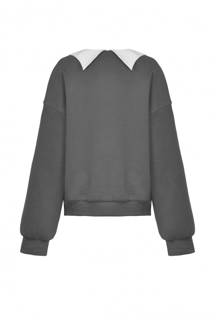 Grey Bowknot Peter Pan Collar Long Sleeves Bat Women's College Style Sweatshirt - Product - 21