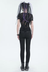 Black V Neck Stretch Destroyed Faux Leather Metal Ring Women's Punk T-Shirt - Product - 5