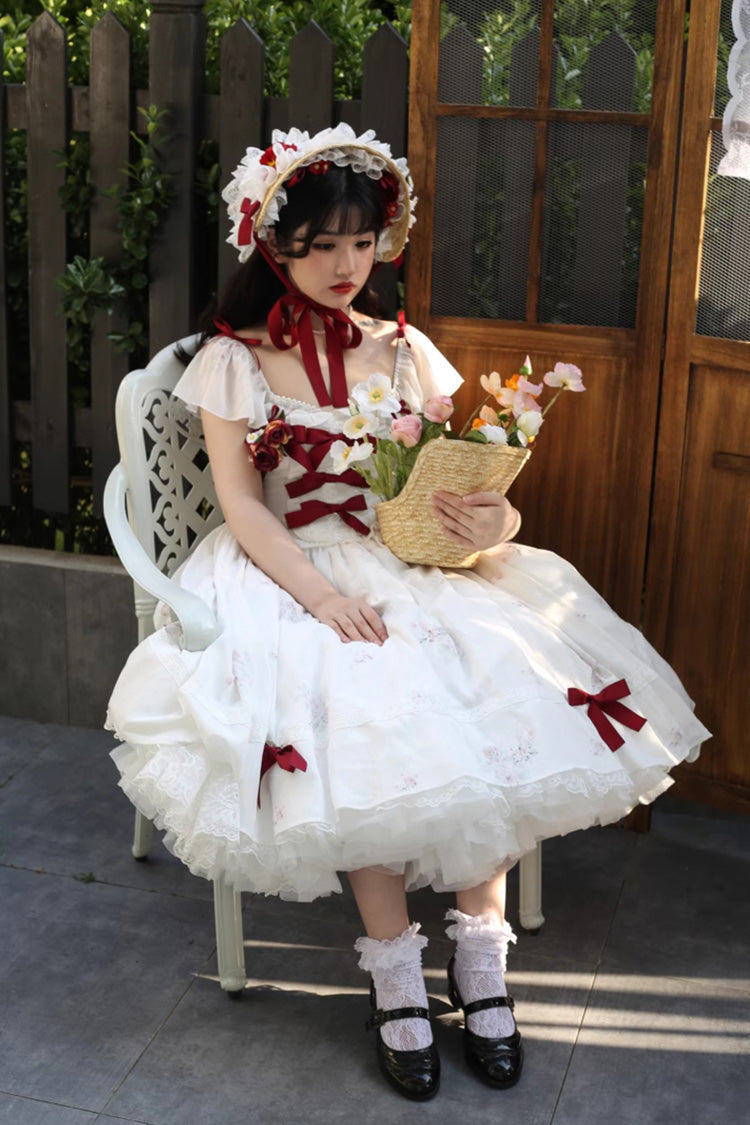 Rose Elegant Short Sleeves Print Ruffle Bowknot Sweet Plus Size Lolita Dress 2 Colors - Product - 14
