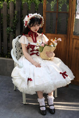 Rose Elegant Short Sleeves Print Ruffle Bowknot Sweet Plus Size Lolita Dress 2 Colors - Product - 14