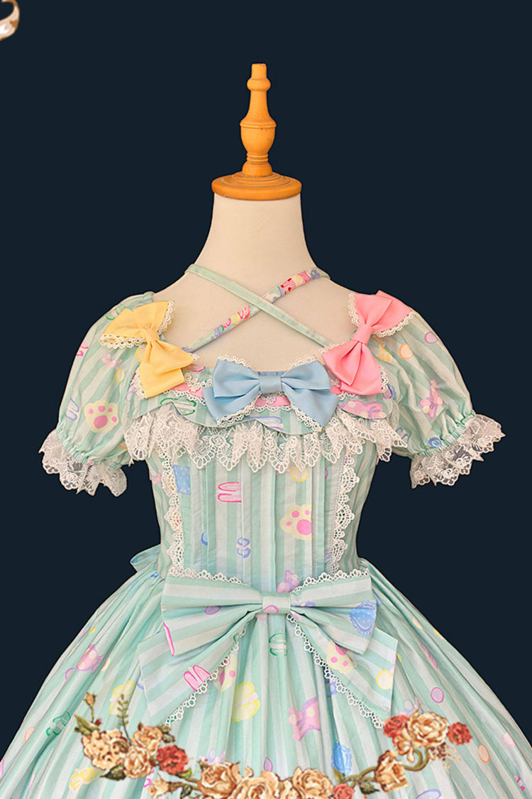 Green [Macarons Dolly House] Square Collar Short Lantern Sleeves Printed Bow Sweet Lolita Dress - Product - 8