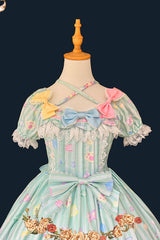 Green [Macarons Dolly House] Square Collar Short Lantern Sleeves Printed Bow Sweet Lolita Dress - Product - 8
