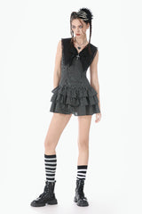 Black/Grey Navy Collar Sleeveless Bow Lace-Up Pinstripe Multi-Layered Ruffled Women's Gothic Dress - Product - 10