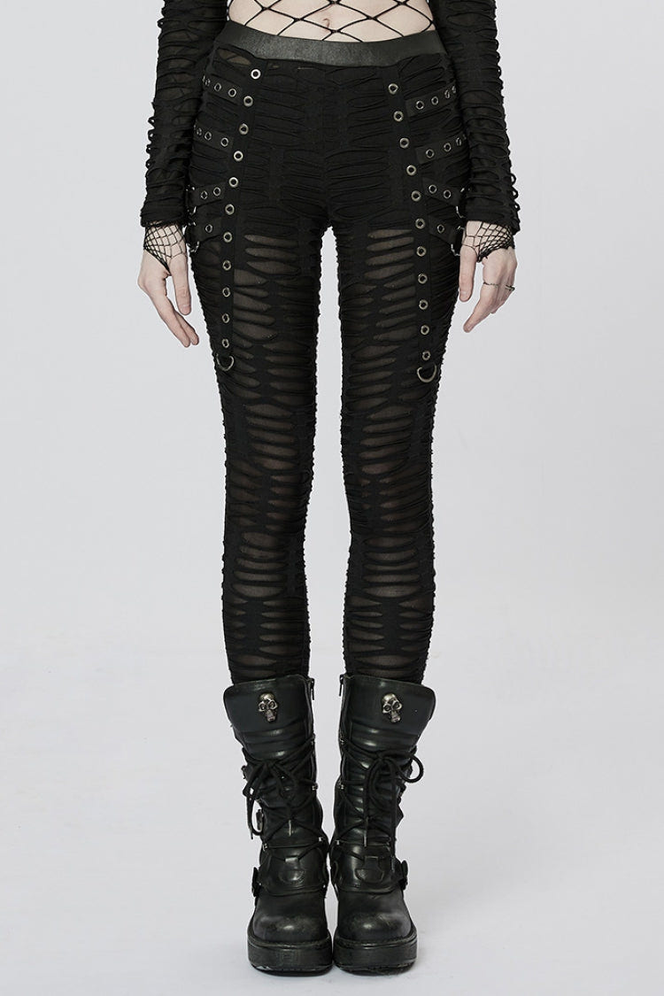 Slim Ripped Tie-dyed Metal Loop Women's Steampunk Leggings 2 Colors - Black - 9