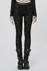 Slim Ripped Tie-dyed Metal Loop Women's Steampunk Leggings 2 Colors - Black - 9