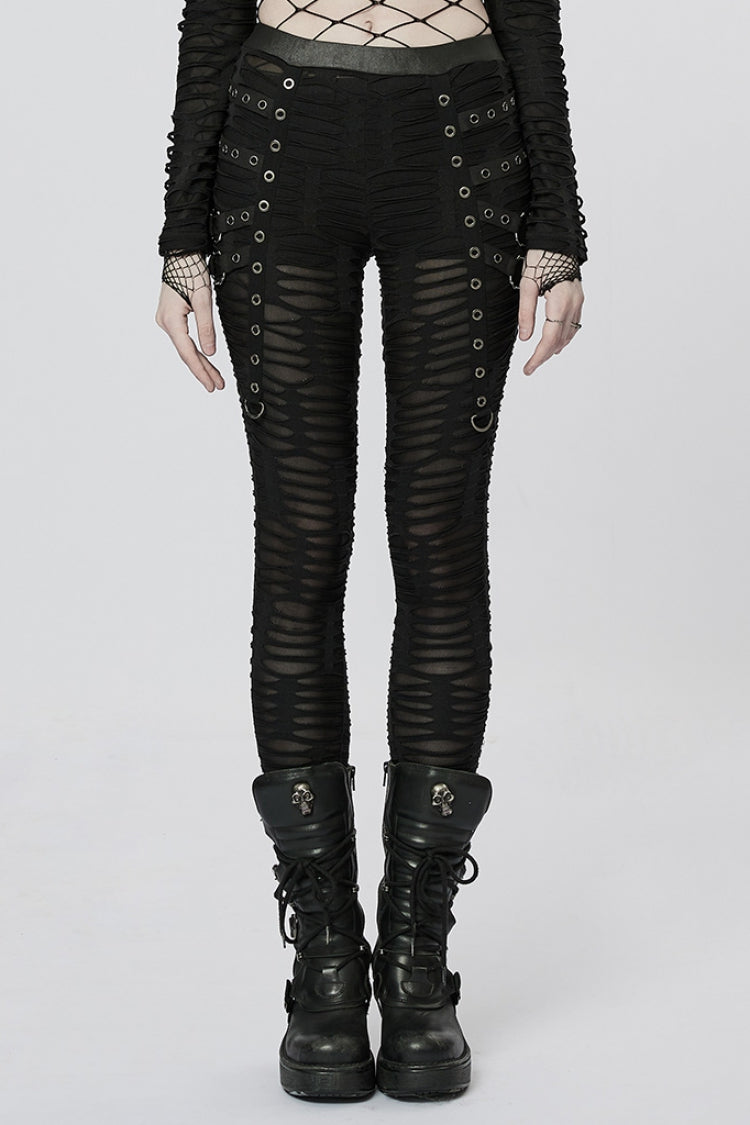 Slim Ripped Tie-dyed Metal Loop Women's Steampunk Leggings 2 Colors - Black - 9