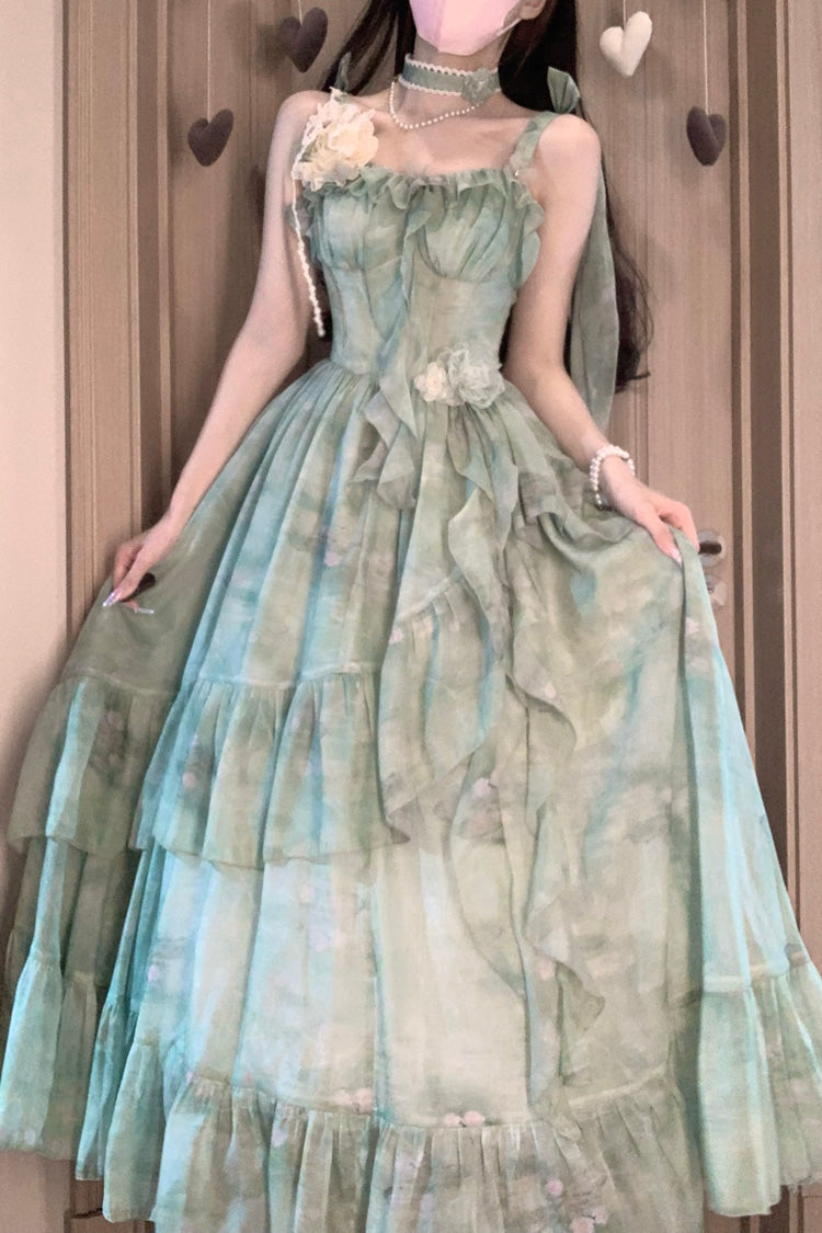Green [Forest Garden] Print Ruffle Bowknot Sweet Lolita Jsk Long Dress - Product - 3