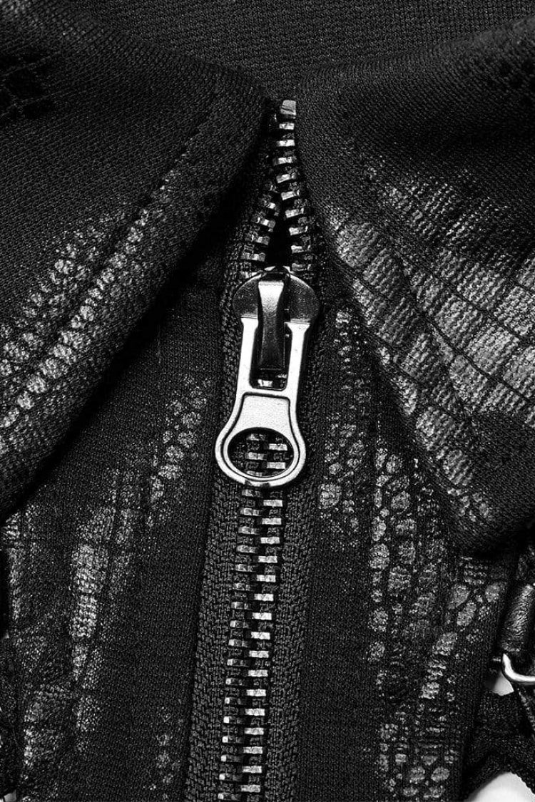 Lapel Collar Long Sleeves Print Hollow Irregular Metal Decorative Zipper Womens Steampunk Coat 2 Colors - Product - 5