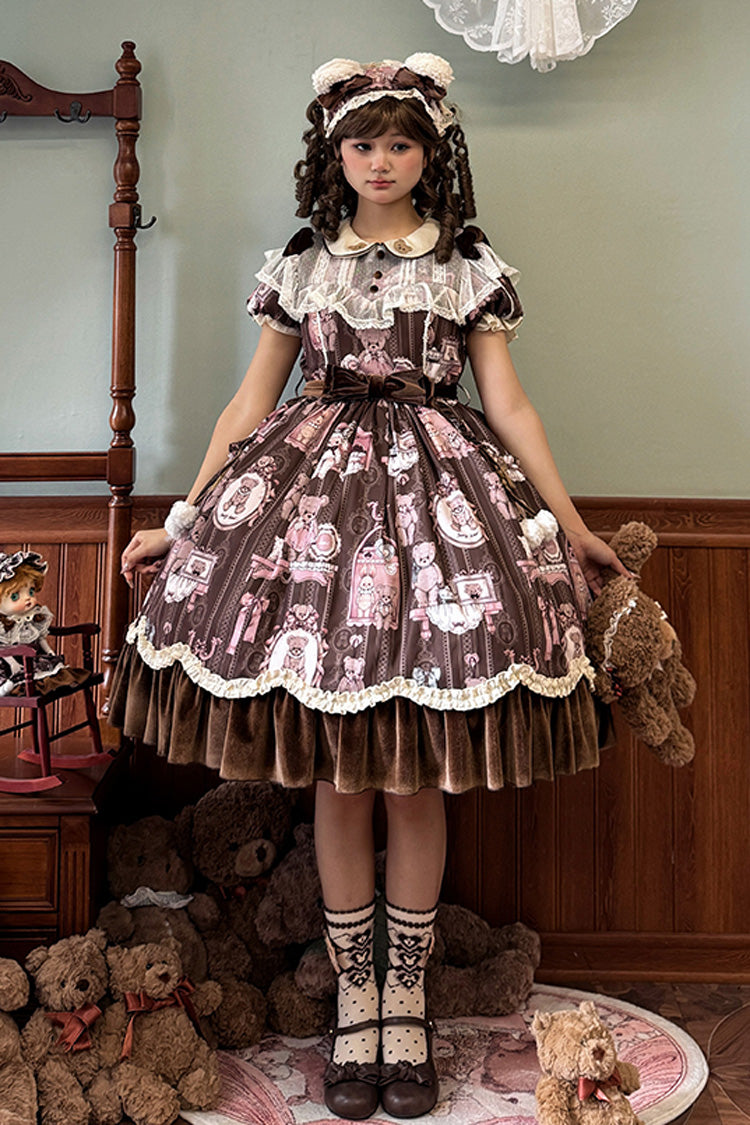 Brown Bear Doll Wall Print Short Sleeves Ruffle Embroidery Bowknot Sweet Lolita Dress - Product - 2