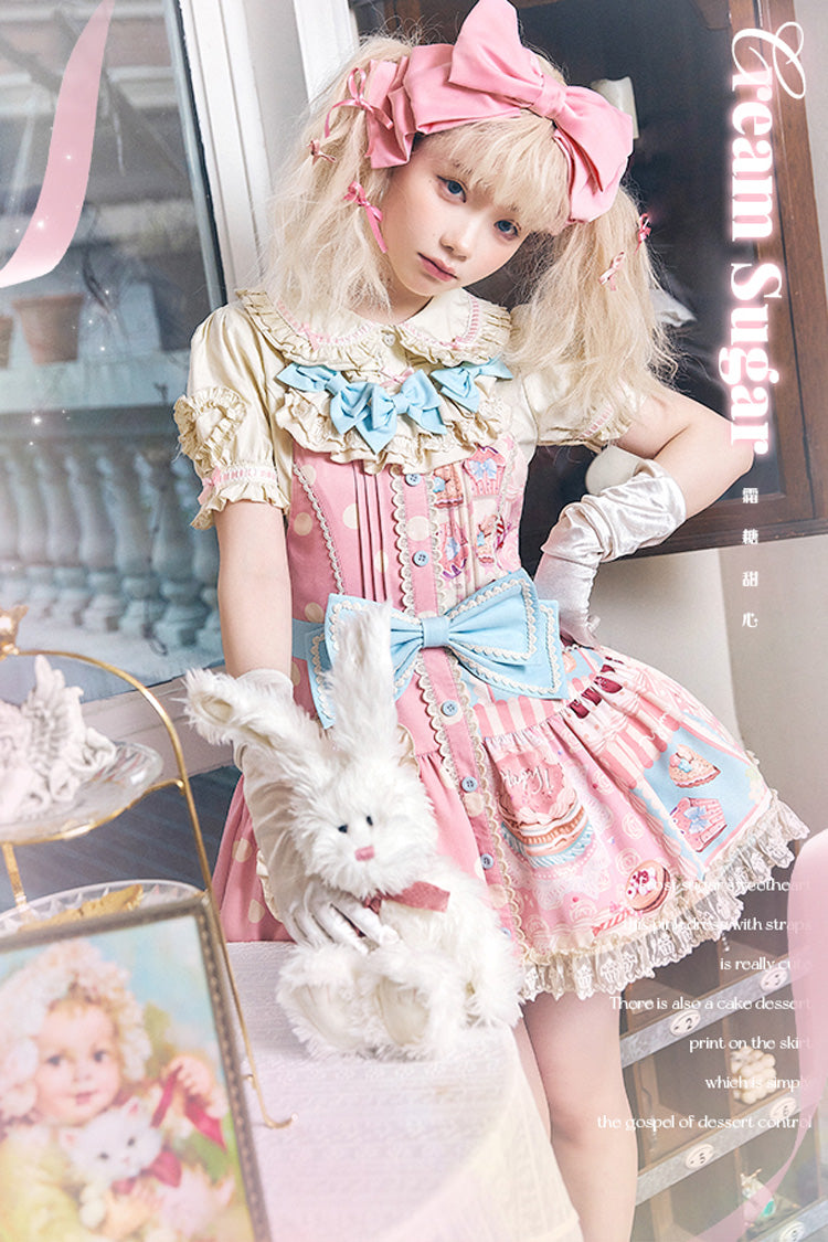 Pink Cake Chocolate Dessert Print Ruffle Bowknot Sweet Lolita Strap Dress - Product - 9